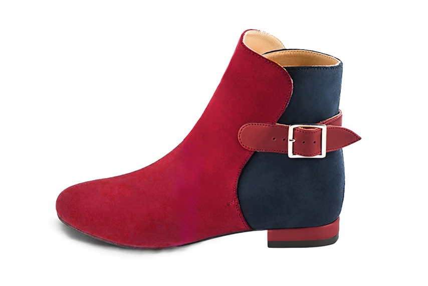 Sophisticated leather ankle boots detailed with an elegant back buckle and heel-strap finish for a distinct couture look, in cherry red and navy blue leather with round toe and low block heel - Florence KOOIJMAN